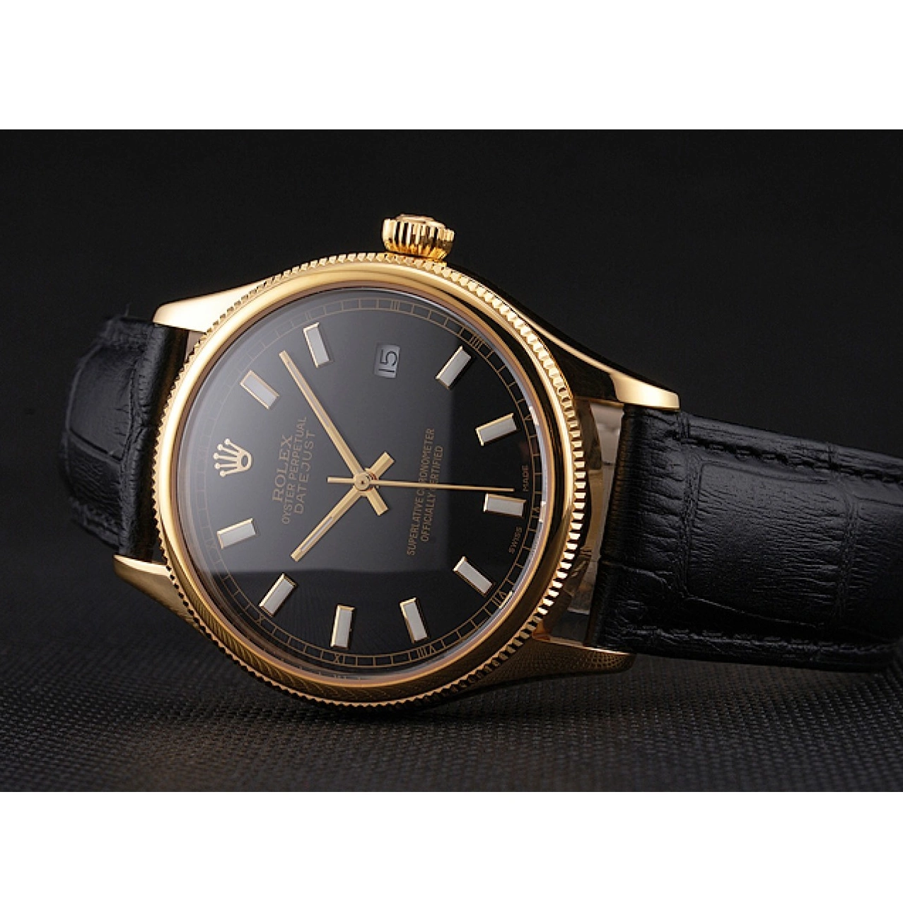 Aaa replica Swiss Strap Black Leather Dial Case Datejust Black Gold Rolex 0707